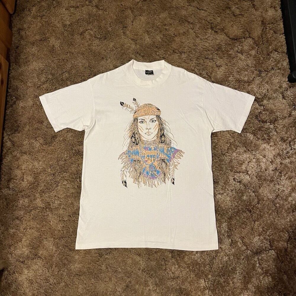 Vintage 90s Diamond Dust Native American Rare Art T-Shirt XLarge White